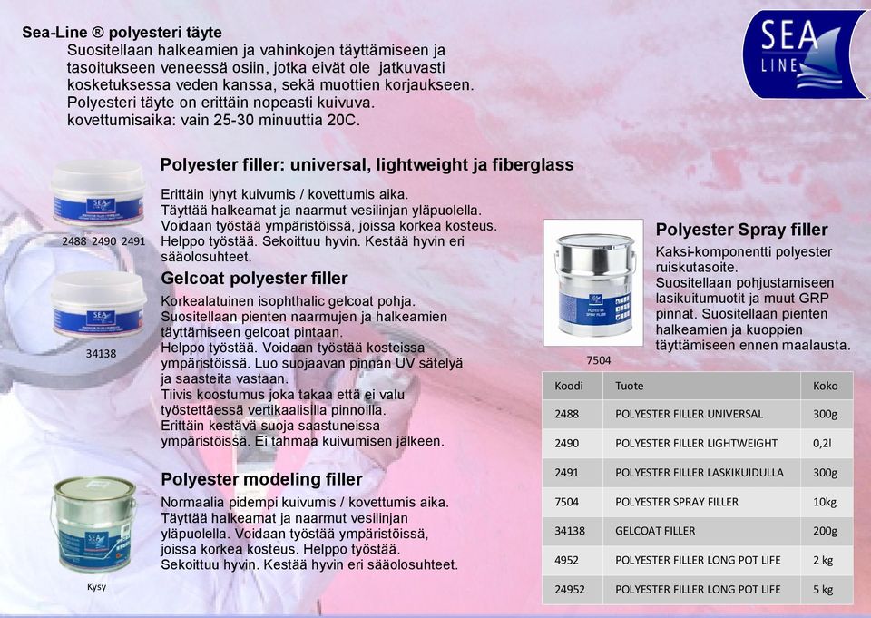 Polyester filler: universal, lightweight ja fiberglass 2488 2490 2491 Erittäin lyhyt kuivumis / kovettumis aika. Täyttää halkeamat ja naarmut vesilinjan yläpuolella.