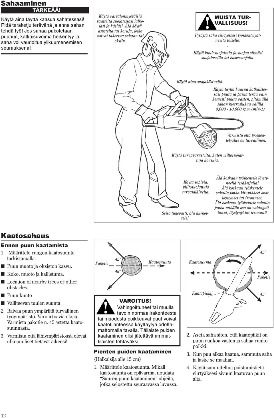 Älä käytä asusteita tai koruja, jotka voivat takertua sahaan tai oksiin. MUISTA TUR- VALLISUUS! Pysäytä saha siirtyessäsi työskentelyalueelta toiselle.