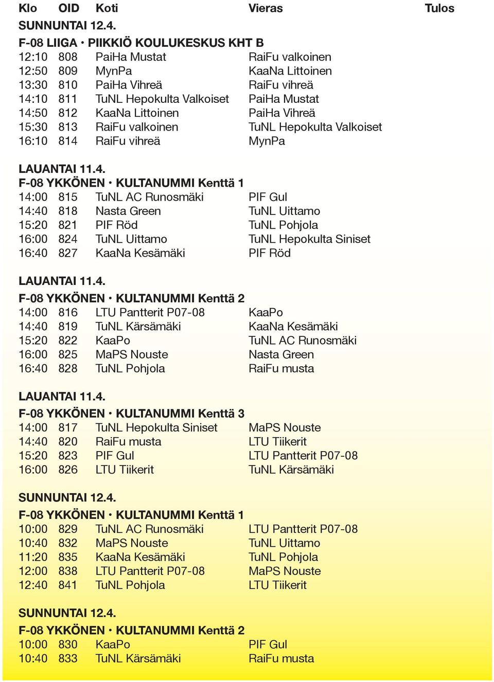 812 KaaNa Littoinen PaiHa Vihreä 15:30 813 RaiFu valkoinen TuNL Hepokulta Valkoiset 16:10 814 