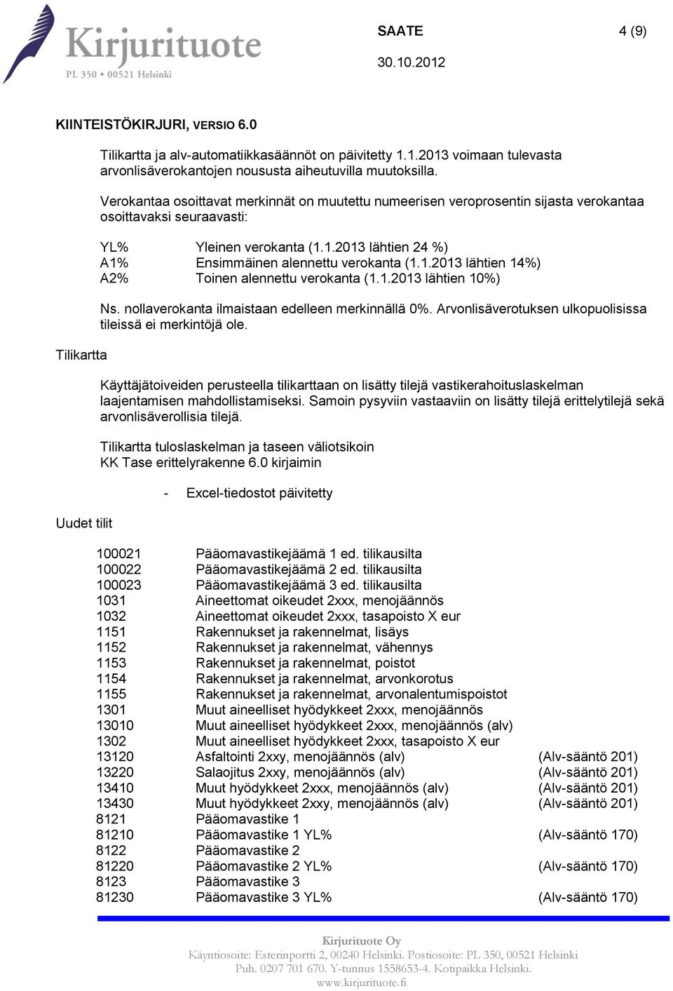 1.2013 lähtien 14%) A2% Toinen alennettu verokanta (1.1.2013 lähtien 10%) Ns. nollaverokanta ilmaistaan edelleen merkinnällä 0%. Arvonlisäverotuksen ulkopuolisissa tileissä ei merkintöjä ole.