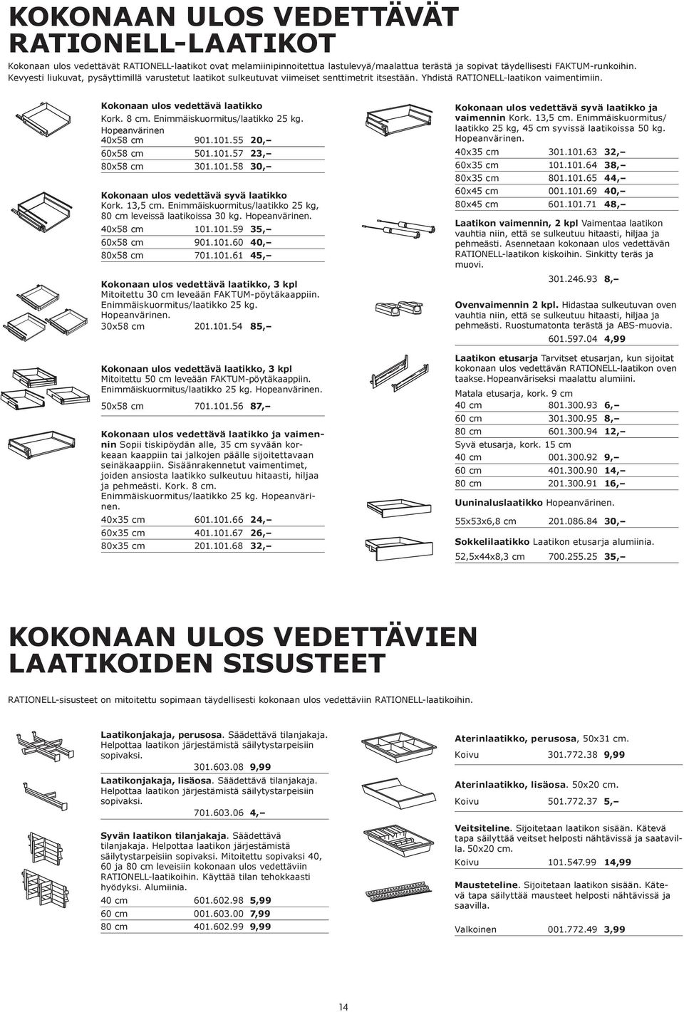 Enimmäiskuormitus/laatikko 25 kg. Hopeanvärinen 40x58 cm 901.101.55 20, x58 cm 501.101. 23, 80x58 cm 301.101.58 30, Kokonaan ulos vedettävä syvä laatikko Kork. 13,5 cm.