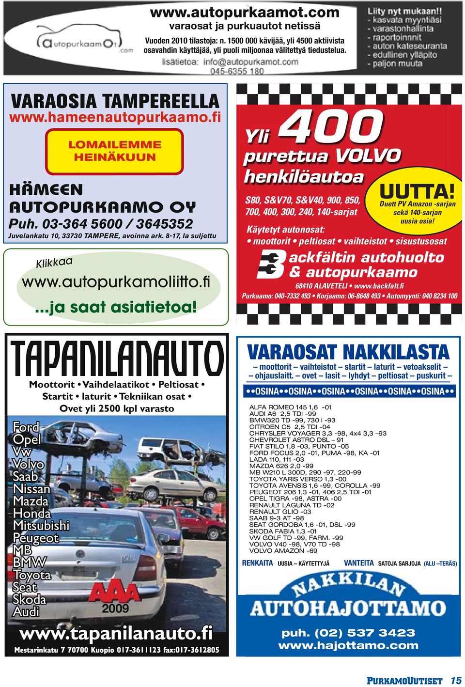 TAPANILANAUTO Moottorit Vaihdelaatikot Peltiosat Startit laturit Tekniikan osat Ovet yli 2500 kpl varasto Ford Opel Vw Volvo Saab Nissan Mazda Honda Mitsubishi Peugeot MB BMW Toyota Seat Skoda Audi