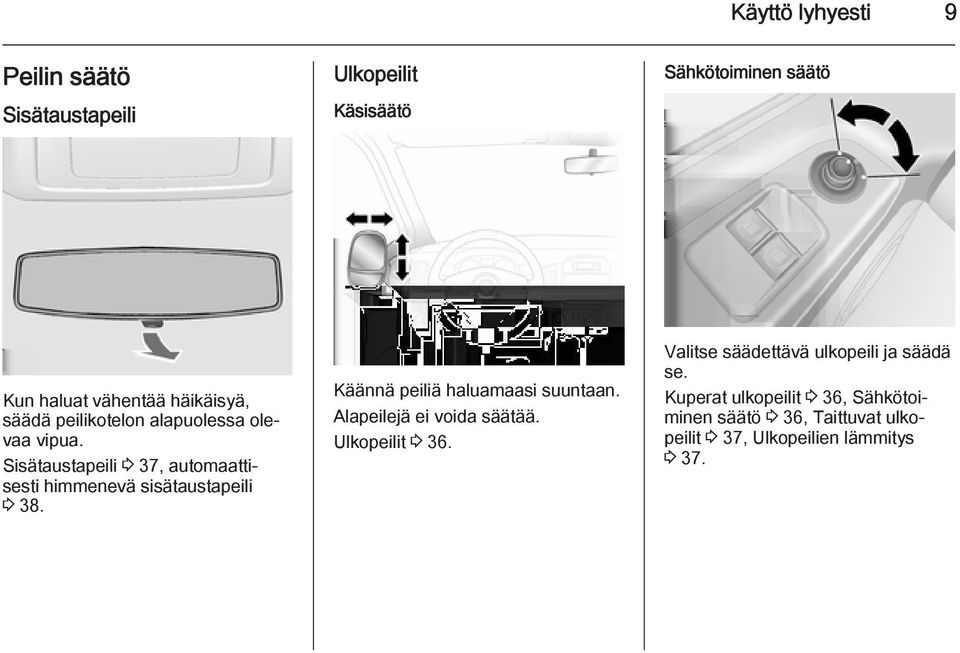 Sisätaustapeili 3 37, automaattisesti himmenevä sisätaustapeili 3 38. Käännä peiliä haluamaasi suuntaan.