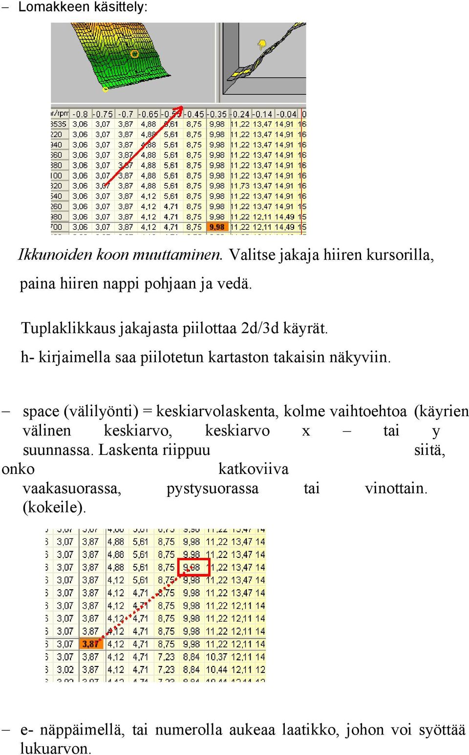 space (välilyönti) = keskiarvolaskenta, kolme vaihtoehtoa (käyrien välinen keskiarvo, keskiarvo x tai y suunnassa.