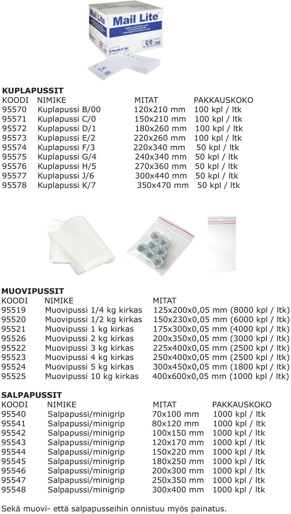 Kuplapussi K/7 350x470 mm 50 kpl / ltk MUOVIPUSSIT 95519 Muovipussi 1/4 kg kirkas 125x200x0,05 mm (8000 kpl / ltk) 95520 Muovipussi 1/2 kg kirkas 150x230x0,05 mm (6000 kpl / ltk) 95521 Muovipussi 1