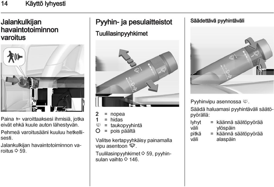 Jalankulkijan havaintotoiminnon varoitus 3 59. 2 = nopea 1 = hidas 5 = taukopyyhintä = pois päältä Valitse kertapyyhkäisy painamalla vipu asentoon Q.