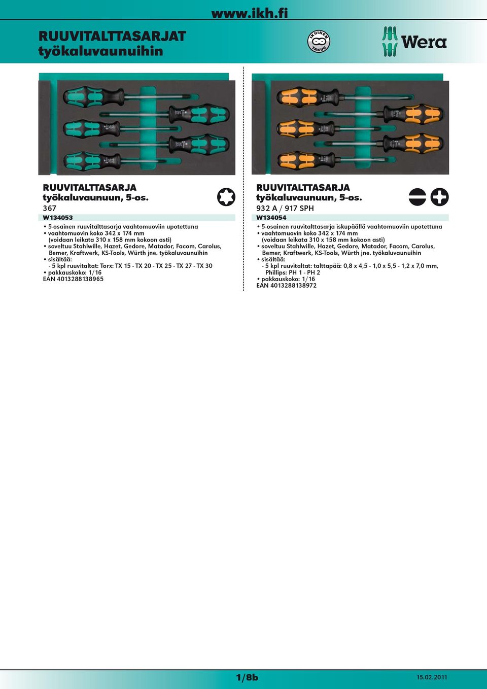 Bemer, Kraftwerk, KS-Tools, Würth jne. työkaluvaunuihin - 5 kpl ruuvitaltat: Torx: TX 15 - TX 20 - TX 25 - TX 27 - TX 30 /16 EAN 4013288138965 RUUVITALTTASARJA työkaluvaunuun, 5-os.