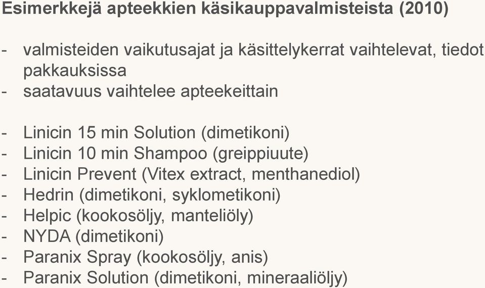 Shampoo (greippiuute) - Linicin Prevent (Vitex extract, menthanediol) - Hedrin (dimetikoni, syklometikoni) - Helpic