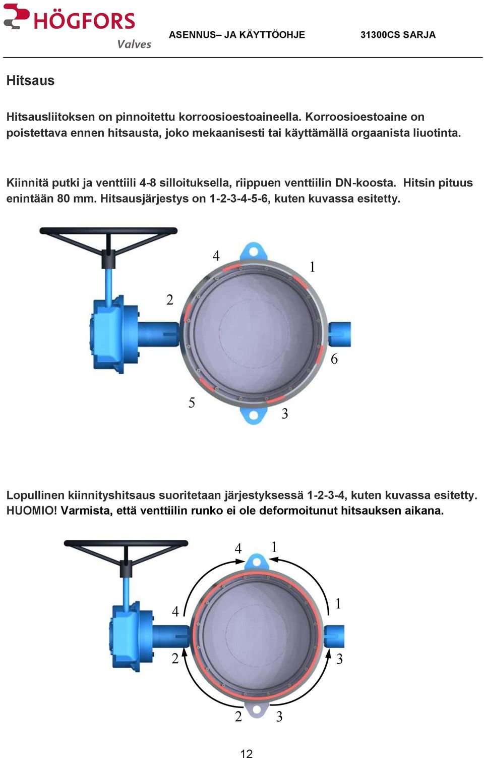 Kiinnitä putki ja venttiili 4-8 silloituksella, riippuen venttiilin DN-koosta. Hitsin pituus enintään 80 mm.