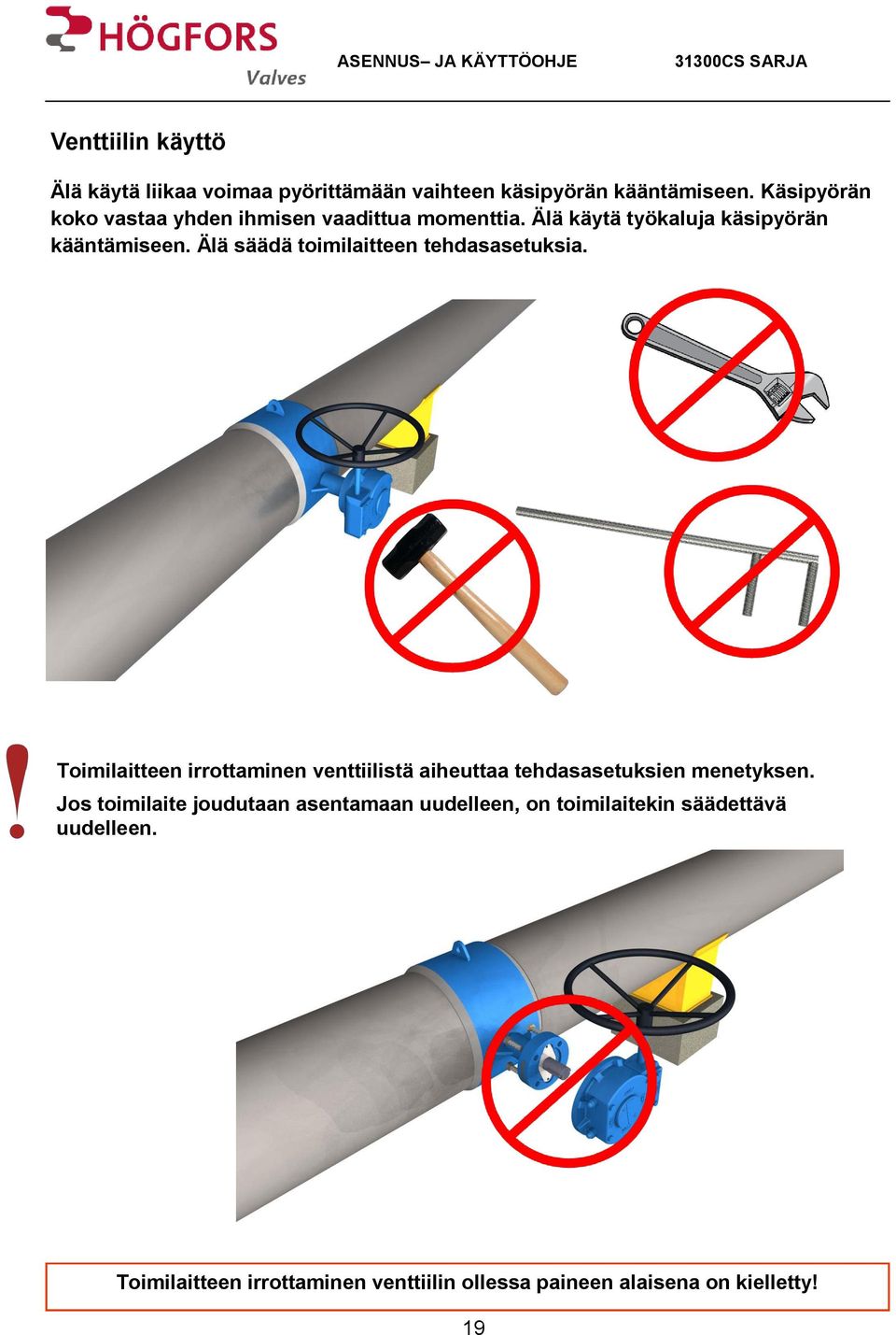 Älä säädä toimilaitteen tehdasasetuksia. Toimilaitteen irrottaminen venttiilistä aiheuttaa tehdasasetuksien menetyksen.