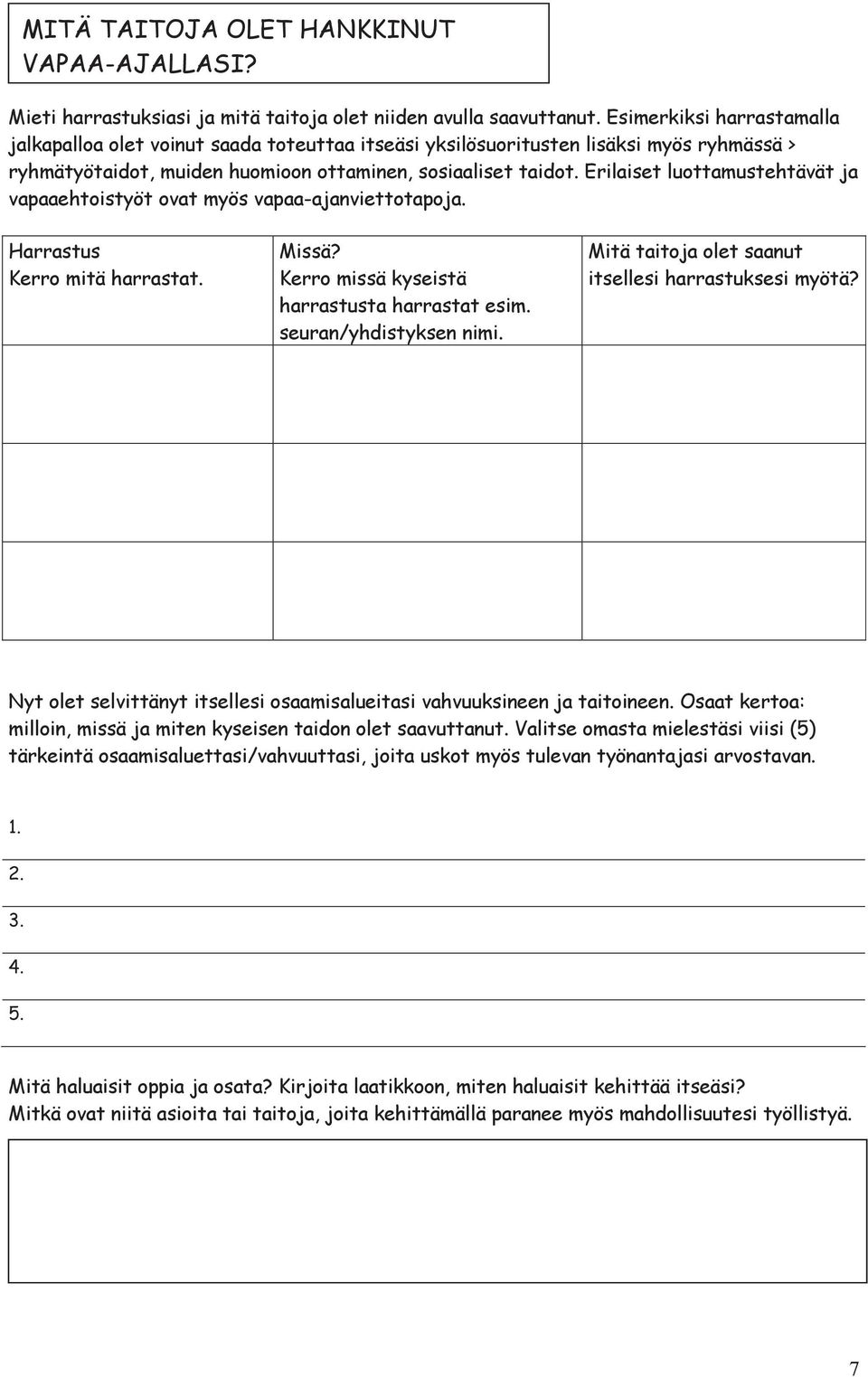 Erilaiset luottamustehtävät ja vapaaehtoistyöt ovat myös vapaa-ajanviettotapoja. Harrastus Kerro mitä harrastat. Missä? Kerro missä kyseistä harrastusta harrastat esim. seuran/yhdistyksen nimi.