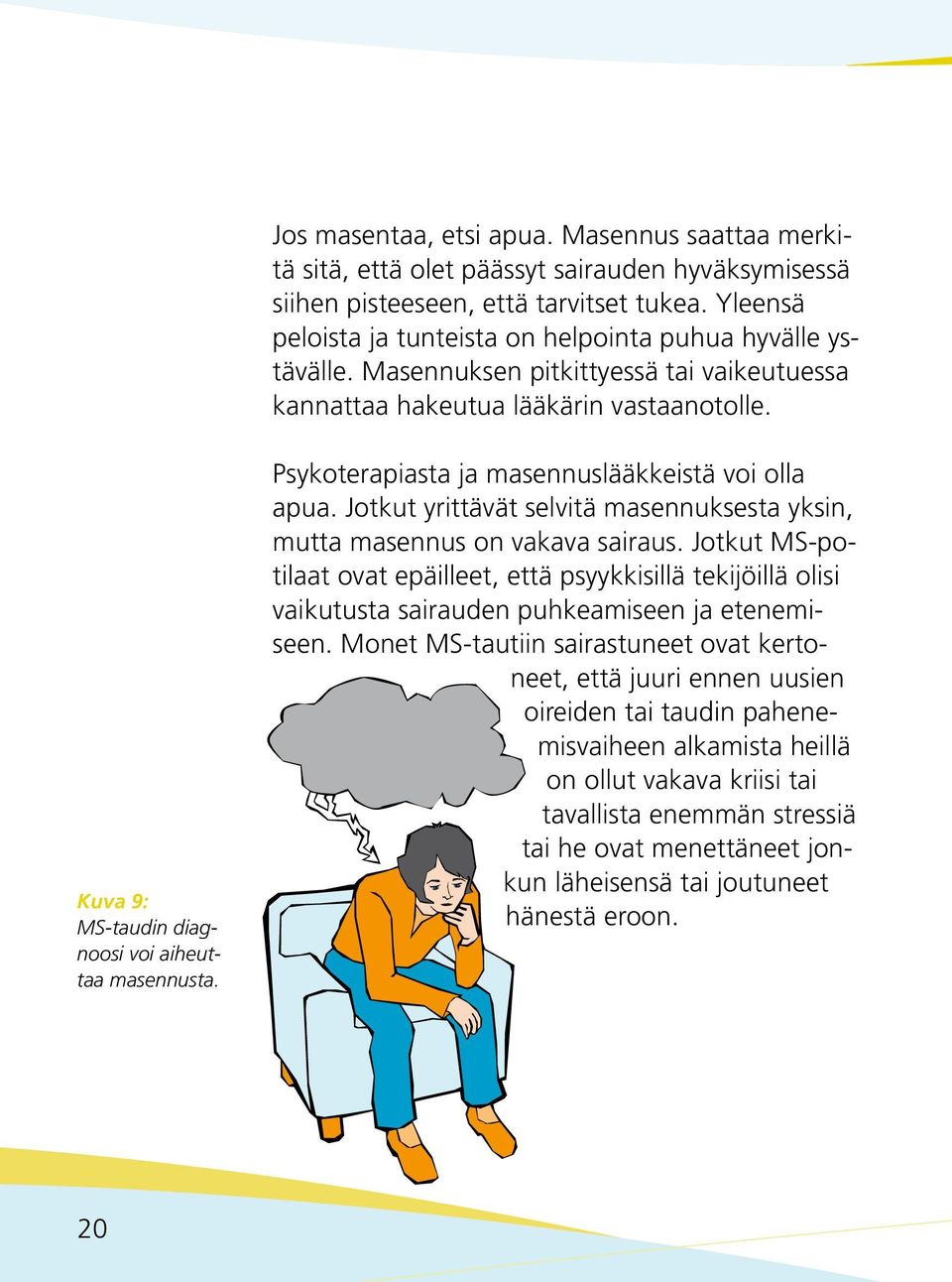 Kuva 9: MS-taudin diagnoosi voi aiheuttaa masennusta. Psykoterapiasta ja masennuslääkkeistä voi olla apua. Jotkut yrittävät selvitä masennuksesta yksin, mutta masennus on vakava sairaus.