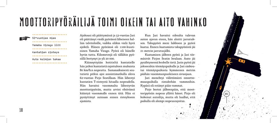 Kilometrejä oli tälläkin pyörällä kertynyt jo yli 20 000. Käännyttyään kotitieltä kantatielle hän jatkoi kantatietä rajoituksen mukaista 80 km/h:n nopeutta.