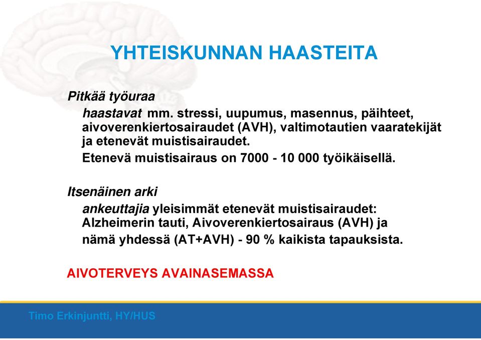 etenevät muistisairaudet. Etenevä muistisairaus on 7000-10 000 työikäisellä.