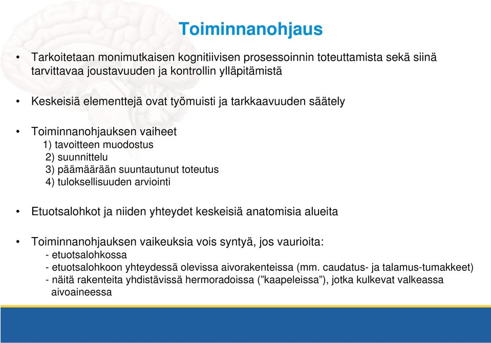 tuloksellisuuden arviointi Etuotsalohkot ja niiden yhteydet keskeisiä anatomisia alueita Toiminnanohjauksen vaikeuksia vois syntyä, jos vaurioita: - etuotsalohkossa -