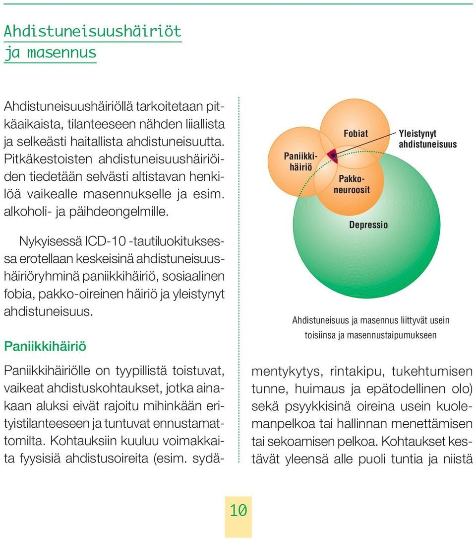 Nykyisessä ICD-10 -tautiluokituksessa erotellaan keskeisinä ahdistuneisuushäiriöryhminä paniikkihäiriö, sosiaalinen fobia, pakko-oireinen häiriö ja yleistynyt ahdistuneisuus.