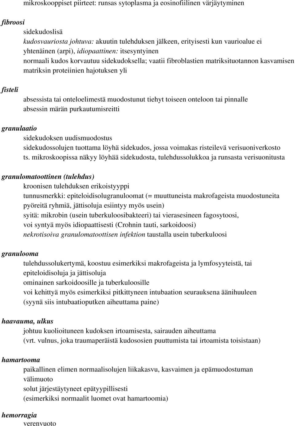 onteloelimestä muodostunut tiehyt toiseen onteloon tai pinnalle absessin märän purkautumisreitti granulaatio sidekudoksen uudismuodostus sidekudossolujen tuottama löyhä sidekudos, jossa voimakas