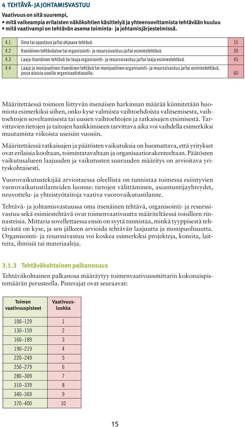 3 Laaja itsenäinen tehtävä tai laaja organisointi- ja resurssivastuu ja/tai laaja esimiestehtävä. 45 4.