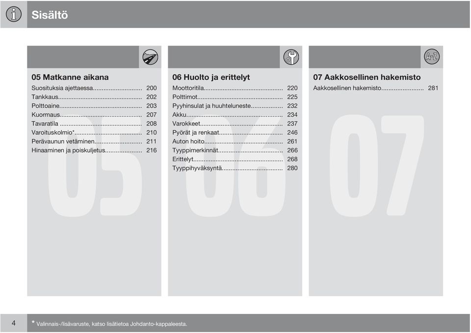.. 220 Aakkosellinen hakemisto... 281 Polttimot... 225 07 Pyyhinsulat ja huuhteluneste... 232 Akku... 234 Varokkeet... 237 Pyörät ja renkaat.