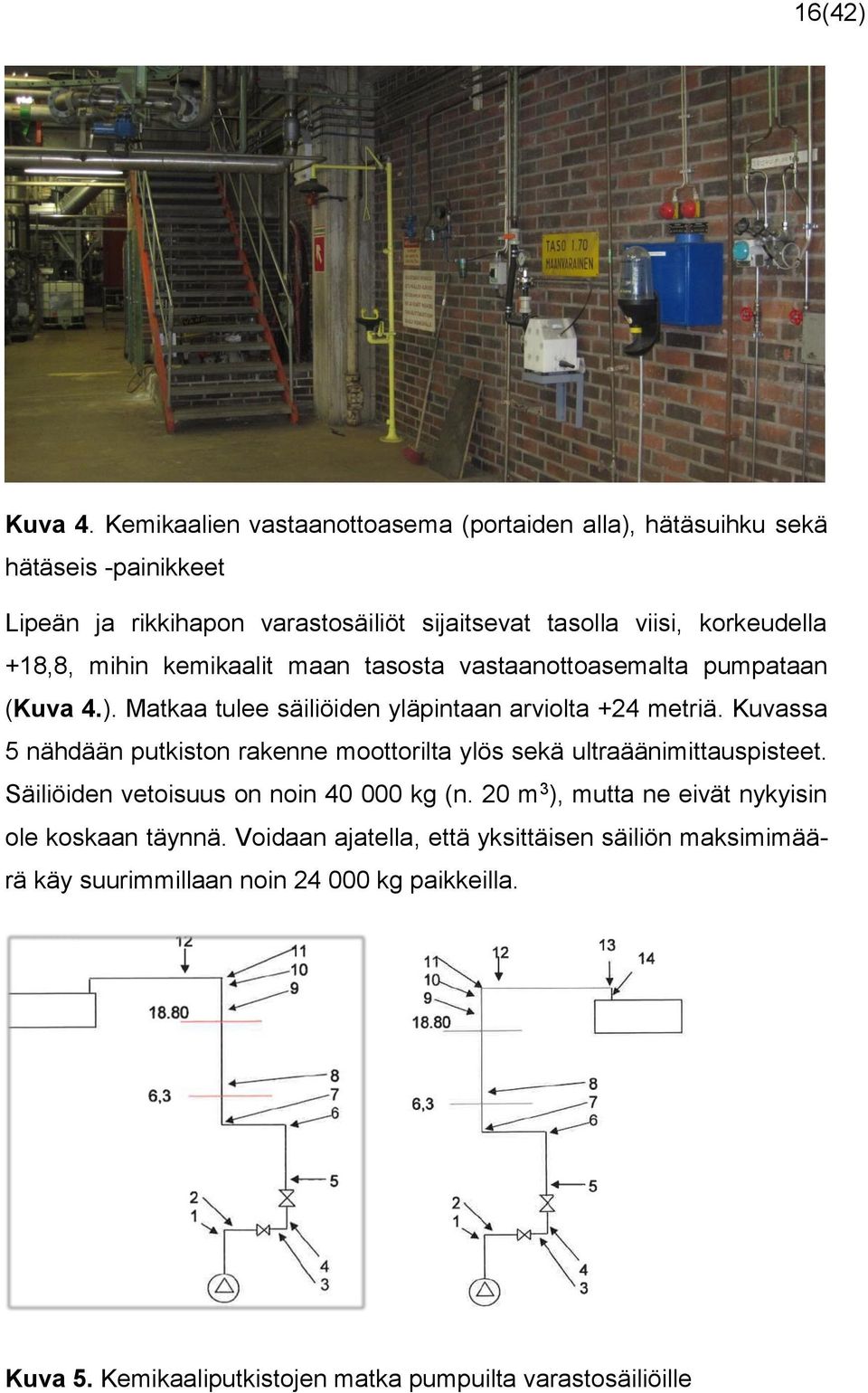 +18,8, mihin kemikaalit maan tasosta vastaanottoasemalta pumpataan (Kuva 4.). Matkaa tulee säiliöiden yläpintaan arviolta +24 metriä.