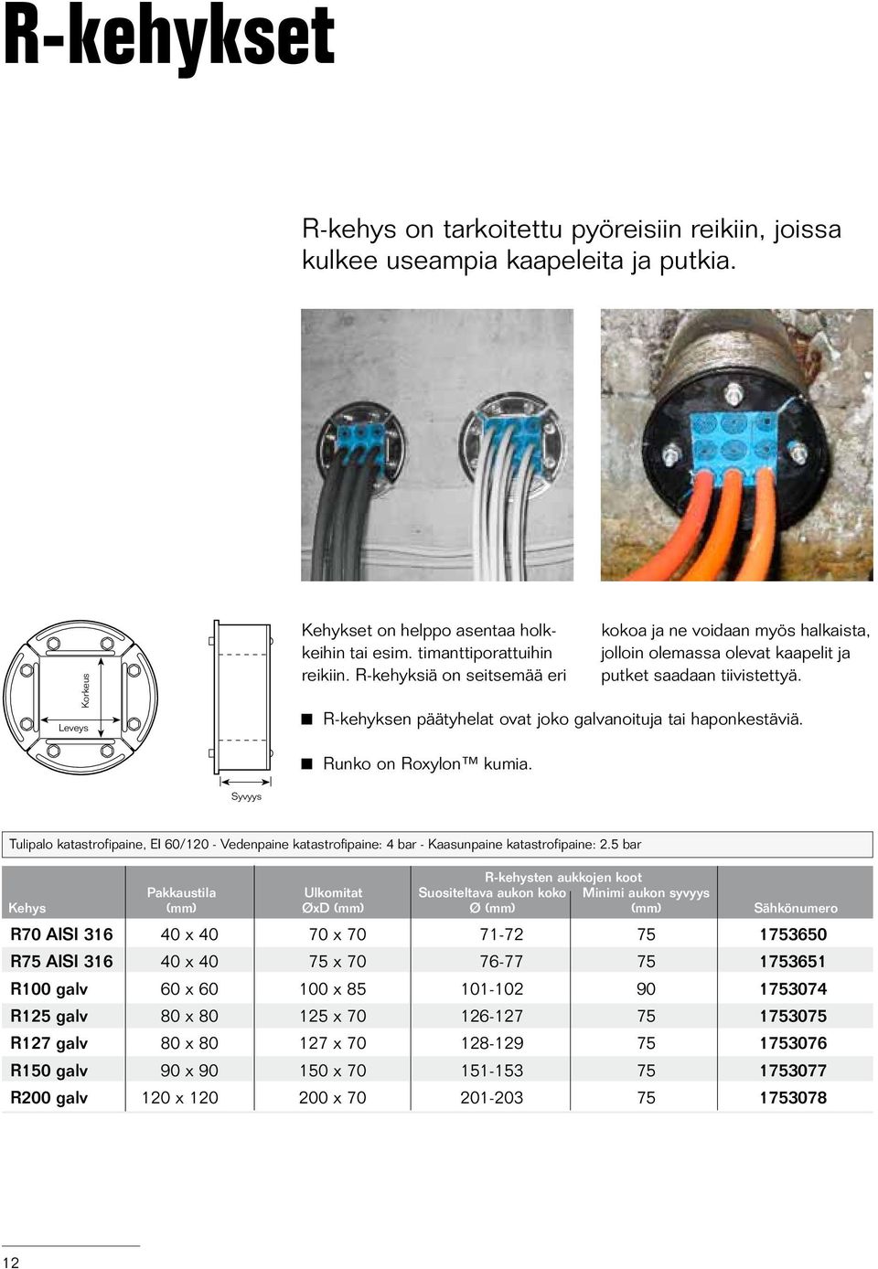 Runko on Roxylon kumia. Syvyys Tulipalo katastrofipaine, EI 60/120 - Vedenpaine katastrofipaine: 4 bar - Kaasunpaine katastrofipaine: 2.