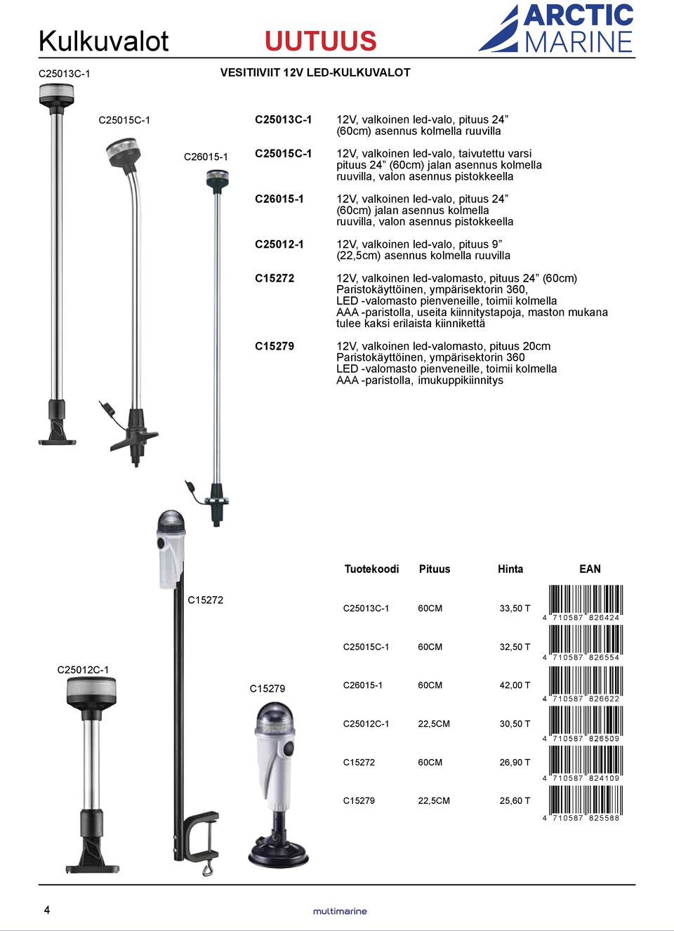 pistokkeella C25012-1 12V, valkoinen led-valo, pituus 9 (22,5cm) asennus kolmella ruuvilla C15272 C15279 12V, valkoinen led-valomasto, pituus 24 (60cm) Paristokäyttöinen, ympärisektorin 360, LED