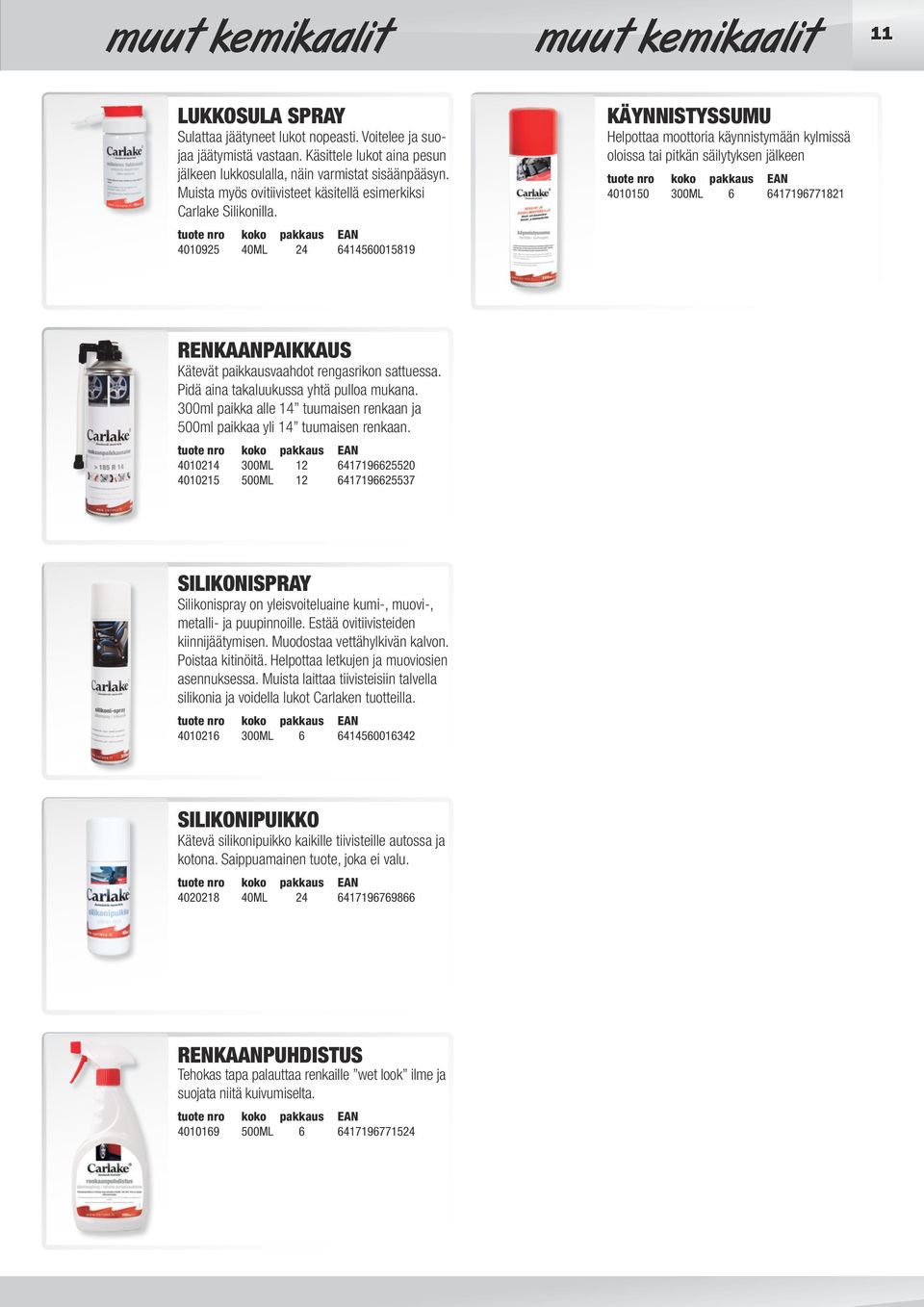 4010925 40ML 24 6414560015819 KÄYNNISTYSSUMU Helpottaa moottoria käynnistymään kylmissä oloissa tai pitkän säilytyksen jälkeen 4010150 300ML 6 6417196771821 RENKAANPAIKKAUS Kätevät paikkausvaahdot