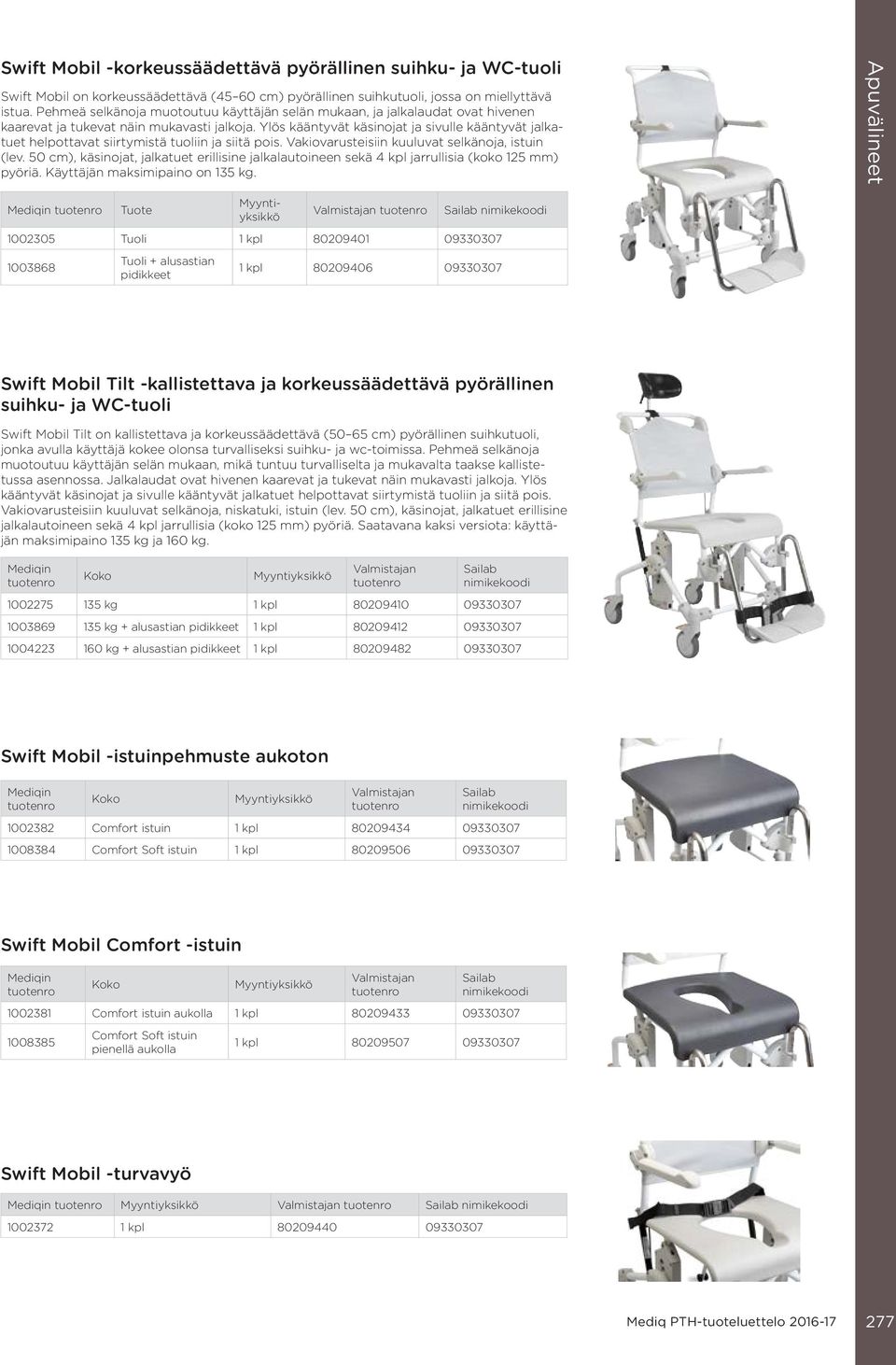 Ylös kääntyvät käsinojat ja sivulle kääntyvät jalkatuet helpottavat siirtymistä tuoliin ja siitä pois. Vakiovarusteisiin kuuluvat selkänoja, istuin (lev.