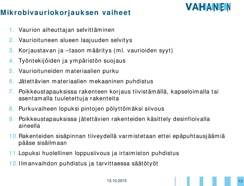 Poikkeustapauksissa rakenteen korjaus tiivistämällä, kapseloimalla tai asentamalla tuuletettuja rakenteita 8. Purkuvaiheen lopuksi pintojen pölyttömäksi siivous 9.