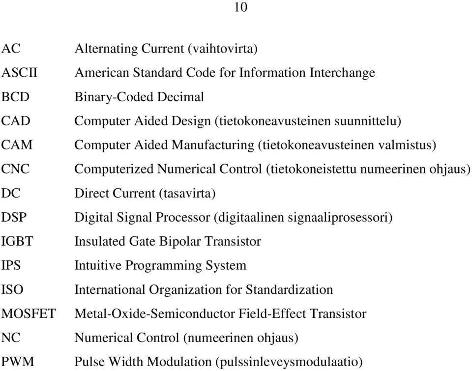 numeerinen ohjaus) Direct Current (tasavirta) Digital Signal Processor (digitaalinen signaaliprosessori) Insulated Gate Bipolar Transistor Intuitive Programming System