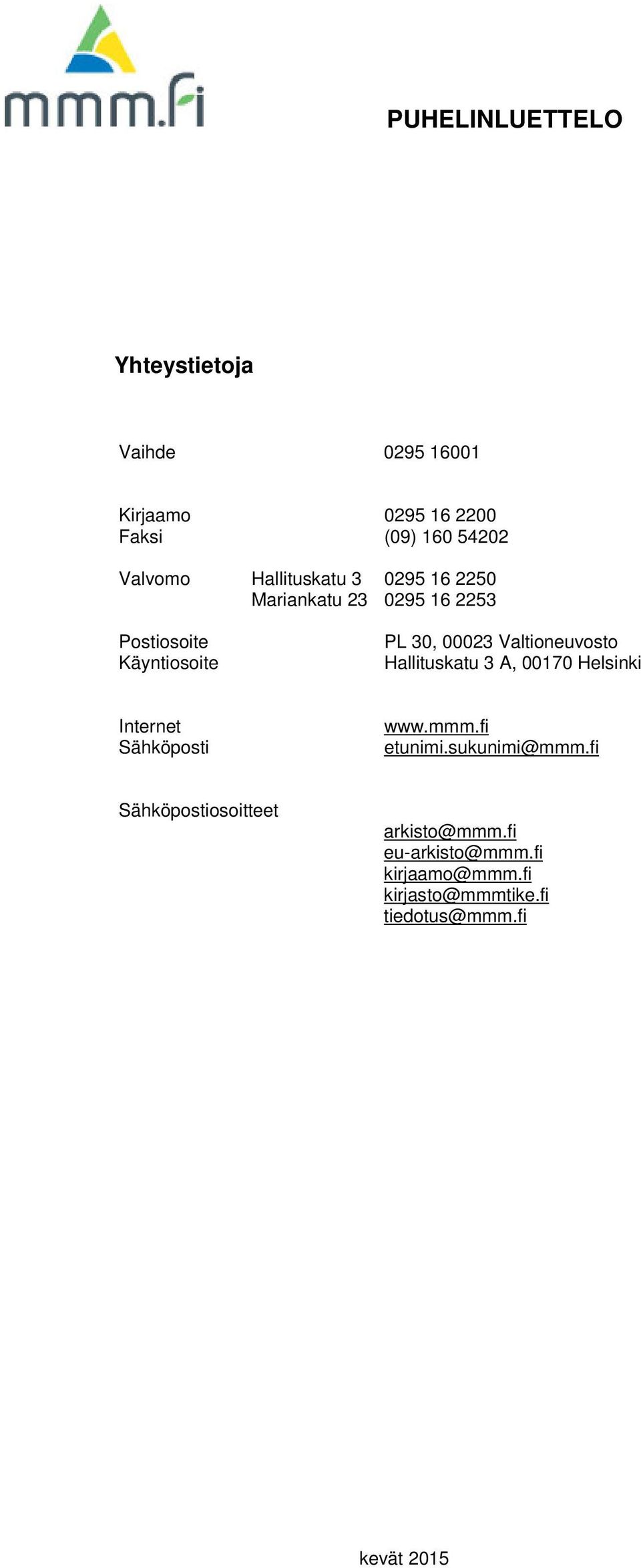 Valtioneuvosto Hallituskatu 3 A, 00170 Helsinki Internet Sähköposti www.mmm.fi etunimi.sukunimi@mmm.