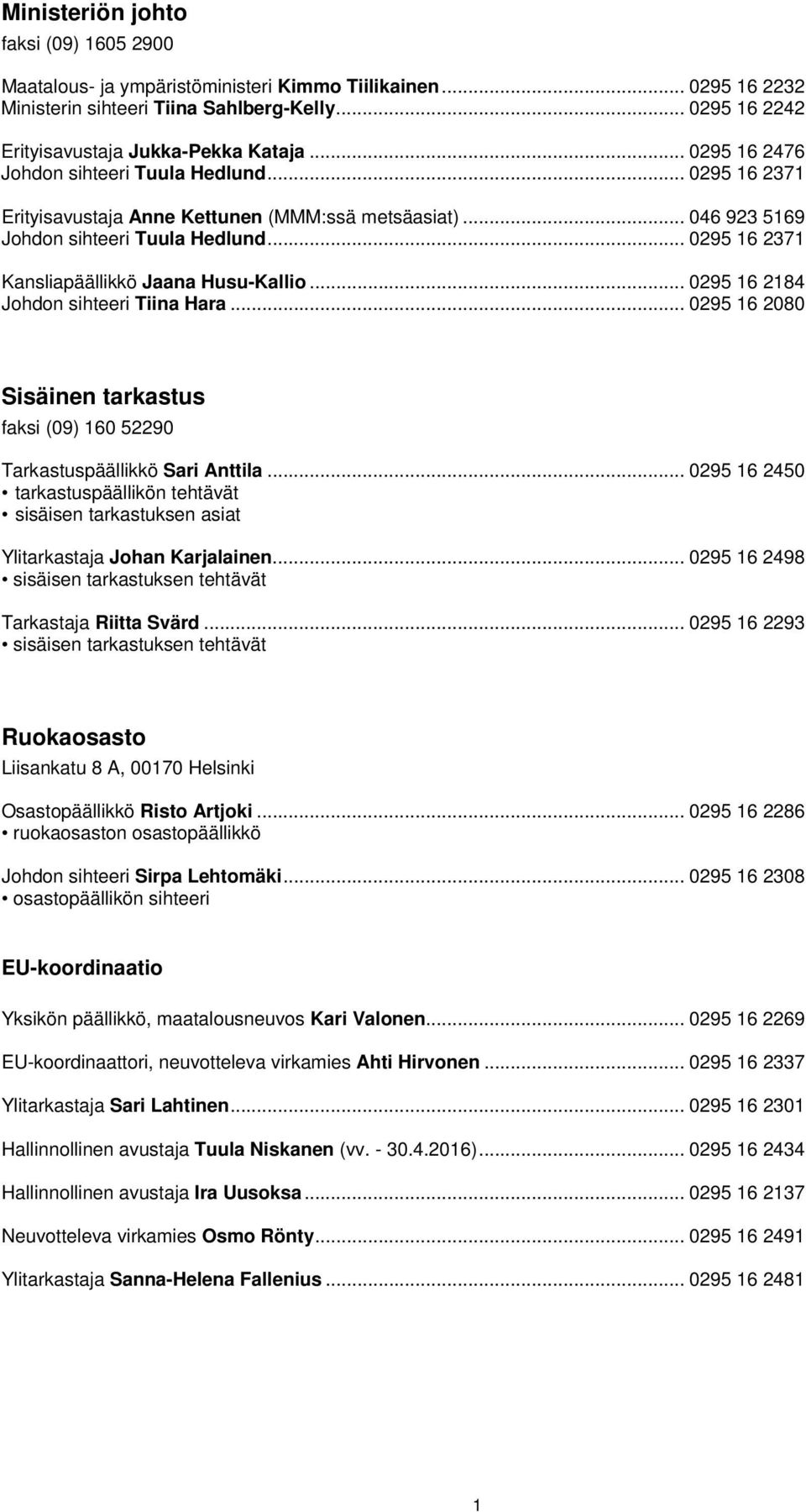 .. 0295 16 2371 Kansliapäällikkö Jaana Husu-Kallio... 0295 16 2184 Johdon sihteeri Tiina Hara... 0295 16 2080 Sisäinen tarkastus faksi (09) 160 52290 Tarkastuspäällikkö Sari Anttila.