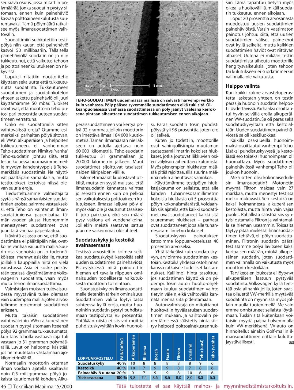 seuraava osuus, jossa mitattiin pölymäärää, jonka suodatin pystyy sitomaan, ennen kuin painehäviö kasvaa polttoaineenkulutusta suurentavaksi.