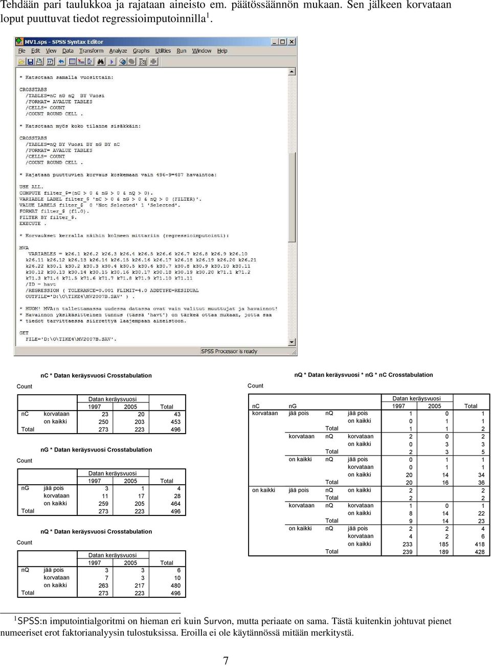 kaikki Datan keräysvuosi 997 005 Total 4 7 8 59 05 464 7 496 Count nq * Datan keräysvuosi Crosstabulation nq Total jää pois korvataan on kaikki Datan keräysvuosi 997 005 Total 6 7 0 6 7 480 7 496 nc
