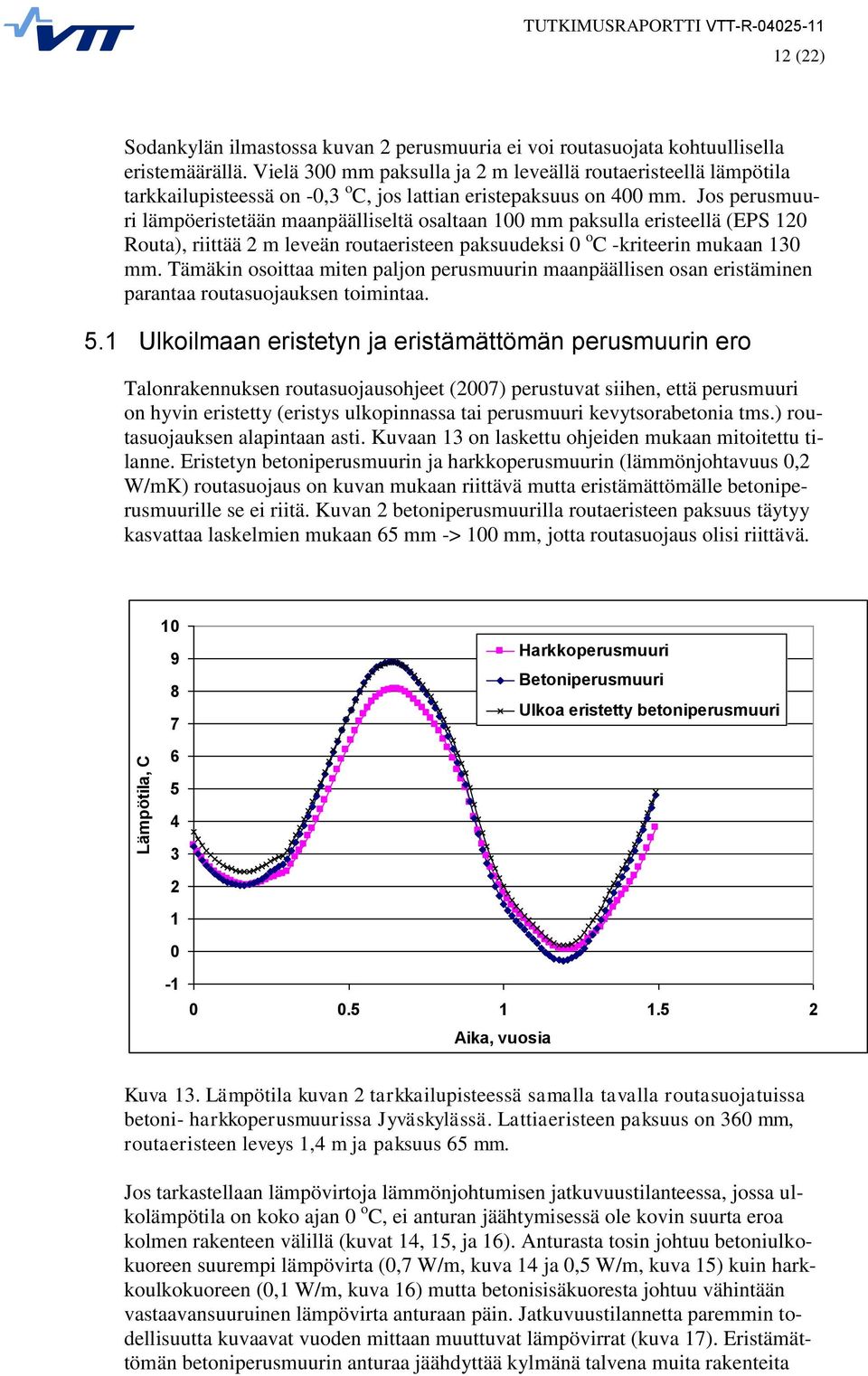 Jos perusmuuri lämpöeristetään maanpäälliseltä osaltaan 1 mm paksulla eristeellä (EPS 12 Routa), riittää 2 m leveän routaeristeen paksuudeksi o C -kriteerin mukaan 13 mm.