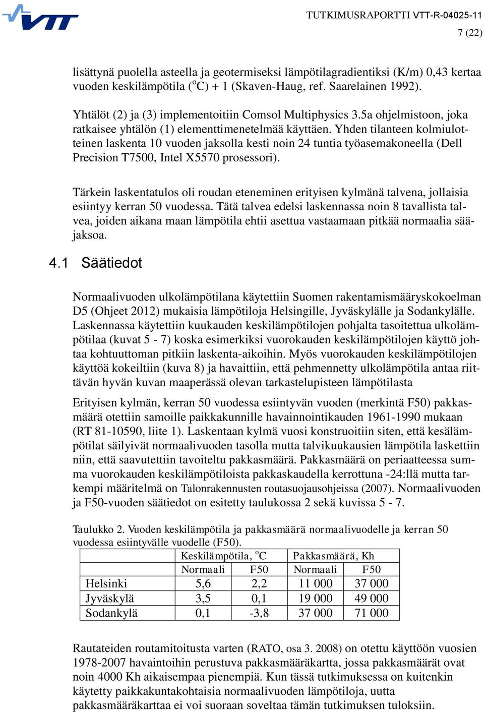 Yhden tilanteen kolmiulotteinen laskenta 1 vuoden jaksolla kesti noin 24 tuntia työasemakoneella (Dell Precision T75, Intel X557 prosessori).