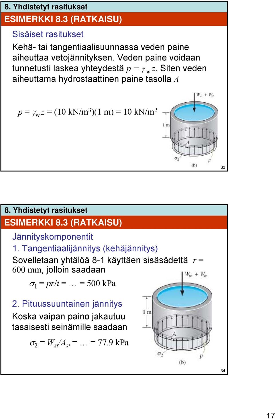Siten veden aiheuttama hydrostaattinen paine tasolla A p = γ w z = (10 kn/m 3 )(1 m) = 10 kn/m 2 33 ESIMERKKI 8.