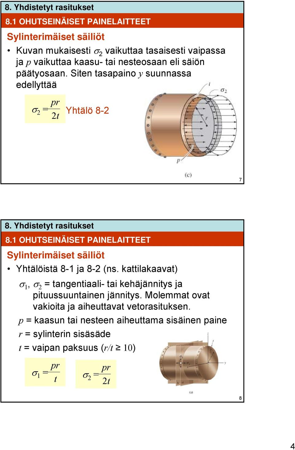 1 OHUTSEINÄISET PAINELAITTEET Sylinterimäiset säiliöt Yhtälöistä 8-1 ja 8-2 (ns.