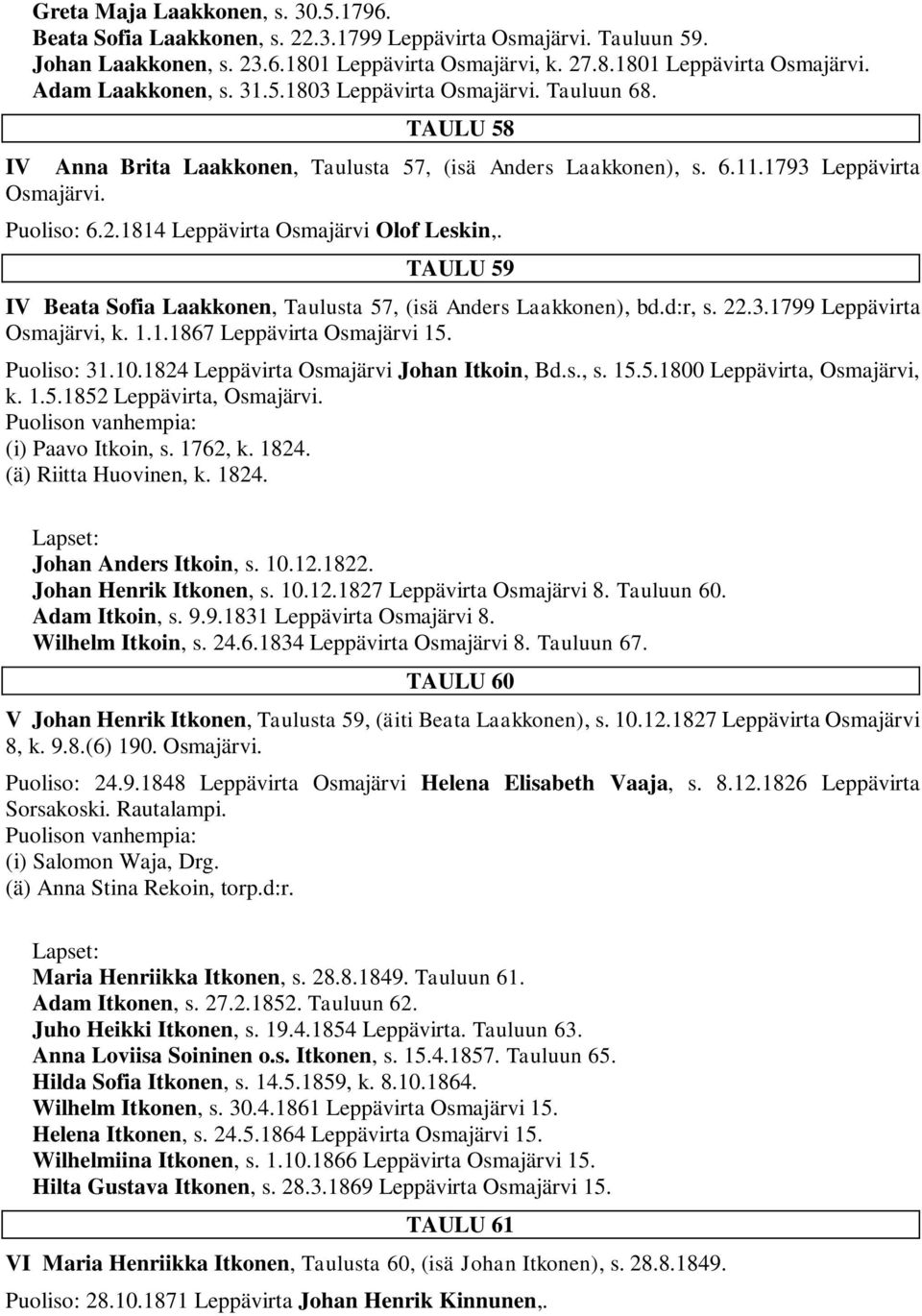 1814 Leppävirta Osmajärvi Olof Leskin,. TAULU 59 IV Beata Sofia Laakkonen, Taulusta 57, (isä Anders Laakkonen), bd.d:r, s. 22.3.1799 Leppävirta Osmajärvi, k. 1.1.1867 Leppävirta Osmajärvi 15.