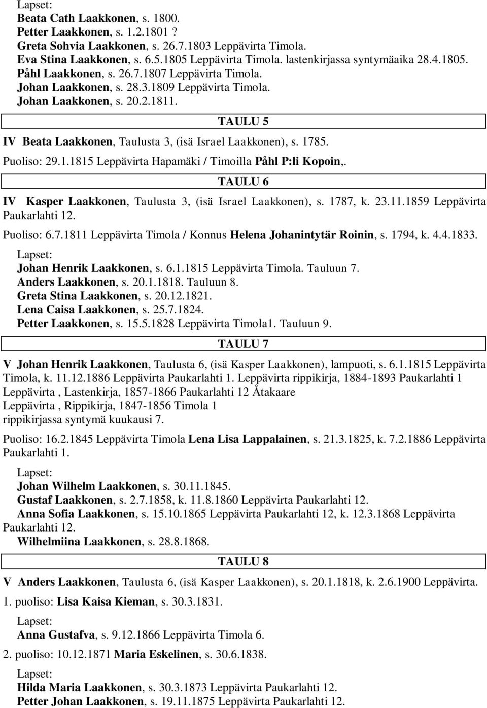 TAULU 5 IV Beata Laakkonen, Taulusta 3, (isä Israel Laakkonen), s. 1785. Puoliso: 29.1.1815 Leppävirta Hapamäki / Timoilla Påhl P:li Kopoin,.