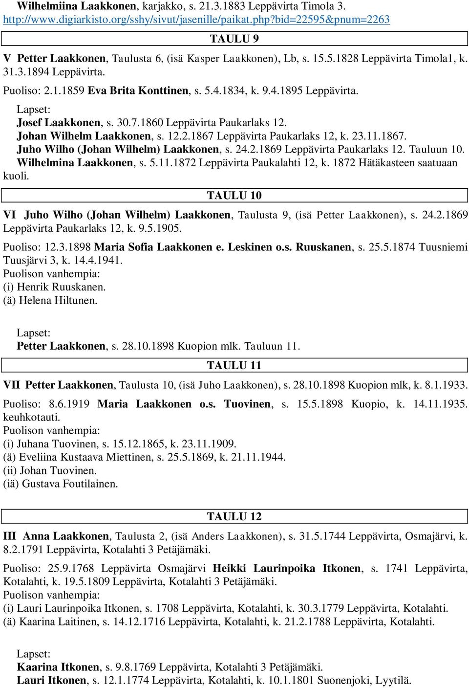 9.4.1895 Leppävirta. Josef Laakkonen, s. 30.7.1860 Leppävirta Paukarlaks 12. Johan Wilhelm Laakkonen, s. 12.2.1867 Leppävirta Paukarlaks 12, k. 23.11.1867. Juho Wilho (Johan Wilhelm) Laakkonen, s. 24.