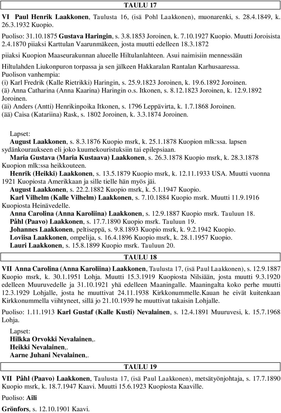 Asui naimisiin mennessään Hiltulahden Liukonpuron torpassa ja sen jälkeen Hakkaralan Rantalan Karhusaaressa. (i) Karl Fredrik (Kalle Rietrikki) Haringin, s. 25.9.1823 Joroinen, k. 19.6.1892 Joroinen.