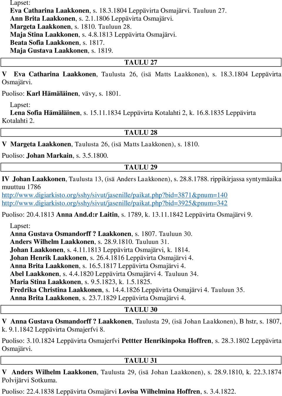 Puoliso: Karl Hämäläinen, vävy, s. 1801. Lena Sofia Hämäläinen, s. 15.11.1834 Leppävirta Kotalahti 2, k. 16.8.1835 Leppävirta Kotalahti 2.