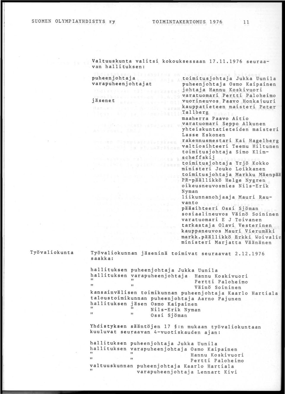 1976 seuraavan hallituksen: puheenjohtaja varapuheenjohtajat jäsenet toimitusjohtaja Jukka Uunila puheenjohtaja Osmo Kaipainen johtaja Hannu Koskivuori varatuomari Pertti Paloheimo vuorineuvos Paavo
