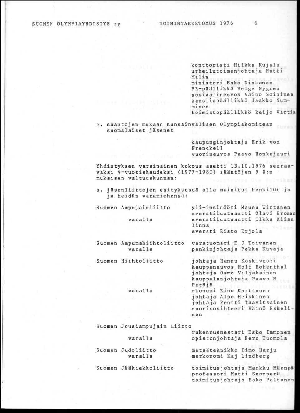 kaupunginjohtaja Erik von Frenckell vuorineuvos Paavo Honkajuuri Yhdistyksen varsinainert kokous asetti 13.10.1976 seuraavaksi 4-vuotiskaudeksi (1977-1980) sääntöjen 9 :n mukaisen valtuuskunnan: a.