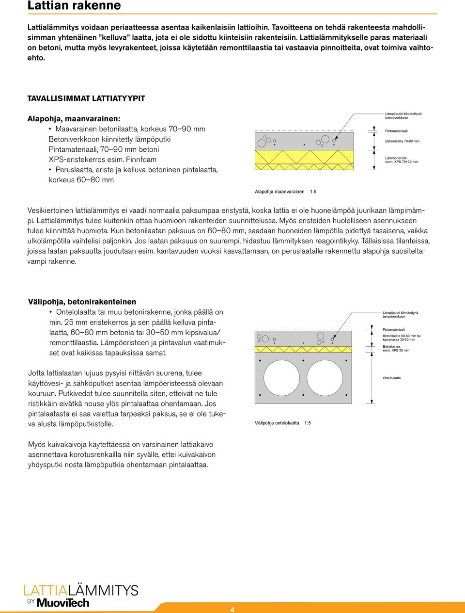 Lattialämmitykselle paras materiaali on betoni, mutta myös levyrakenteet, joissa käytetään remonttilaastia tai vastaavia pinnoitteita, ovat toimiva vaihtoehto.