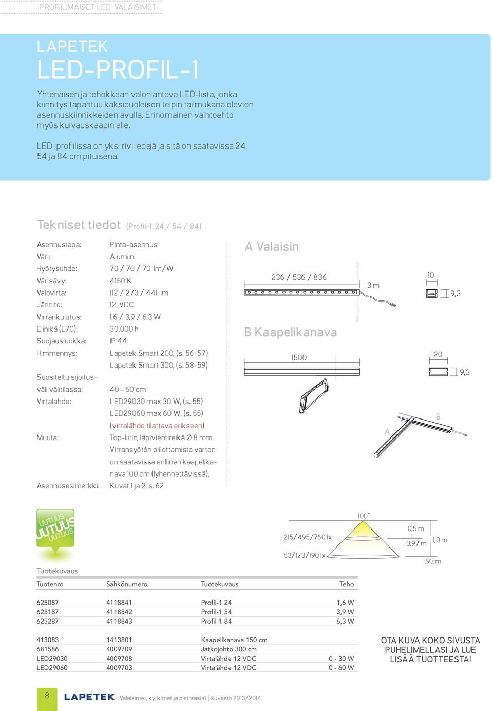 Tekniset tiedot (Profil-1 24 / 54 / 84) Asennustapa: Pinta-asennus Alumiini Hyötysuhde: 70 / 70 / 70 lm/w Värisävy: 4150 K Valovirta: 112 / 273 / 441 lm 12 VDC Virrankulutus: 1,6 / 3,9 / 6,3 W