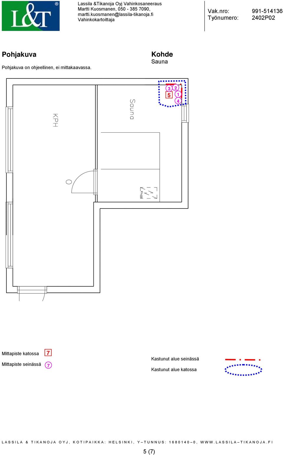 Kohde Sauna 5 1 2 3 4 Mittapiste katossa