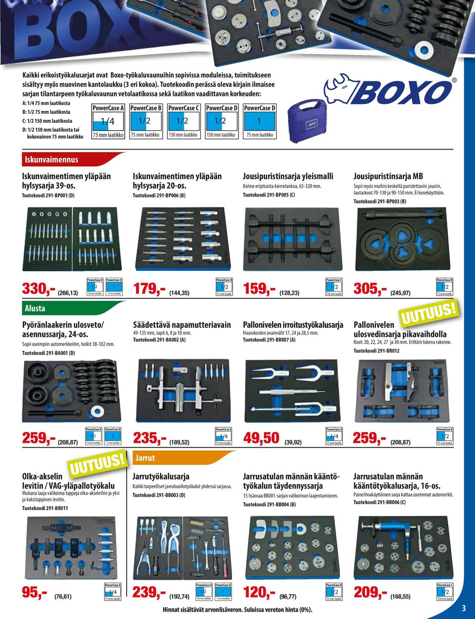 150 mm laatikosta tai kokonainen 75 mm laatikko 1/4 75 mm laatikko PowerCase B 75 mm laatikko PowerCase C 150 mm laatikko PowerCase D 150 mm laatikko PowerCase D 1 75 mm laatikko Iskunvaimennus