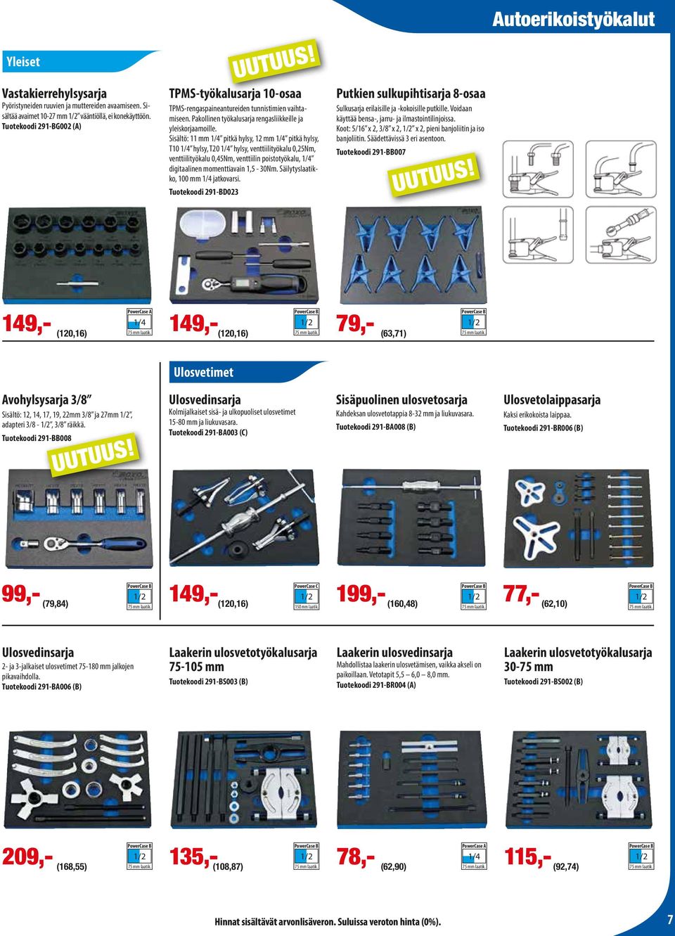 Sisältö: 11 mm 1/4 pitkä hylsy, 12 mm 1/4 pitkä hylsy, T10 1/4 hylsy, T20 1/4 hylsy, venttiilityökalu 0,25Nm, venttiilityökalu 0,45Nm, venttiilin poistotyökalu, 1/4 digitaalinen momenttiavain